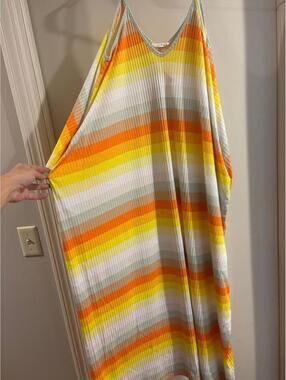 Love In Striped Maxi Dress Colorful Pleated Swing Dress Flowy Summer Beach Large